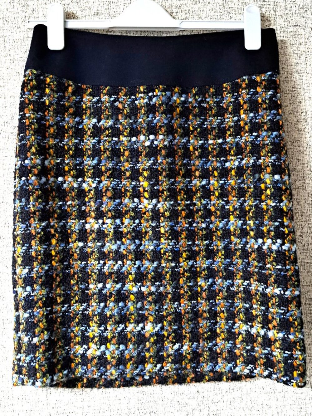 NAVY PLAID TWEED LADIES SKIRT WITH MULTI COLOR TEXTURE LINED SIZE 4